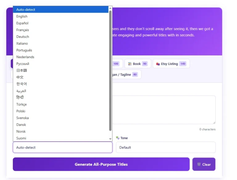 Title Generator Supported Languages list